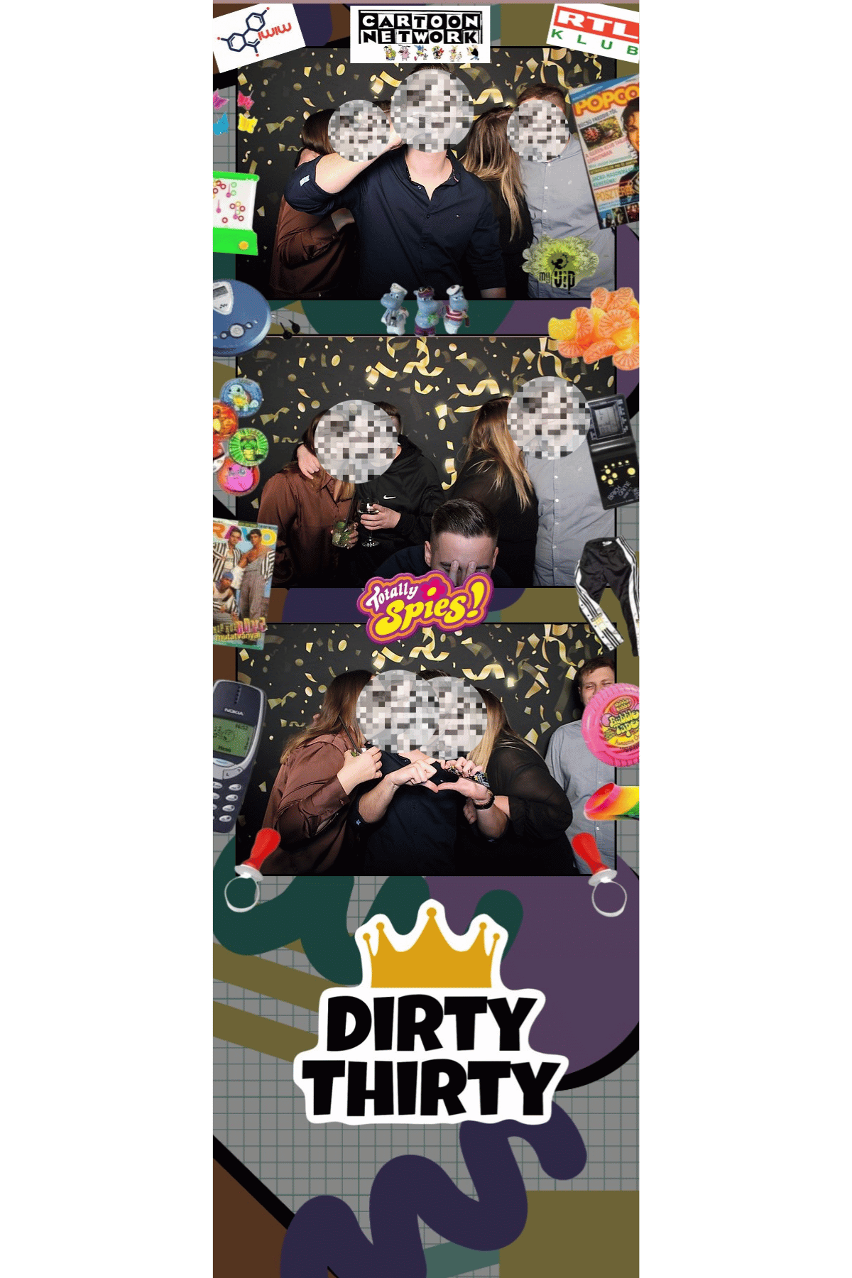Retró stílusú születésnapi fotóbox fotócsík Dirty Thirty buli emlék